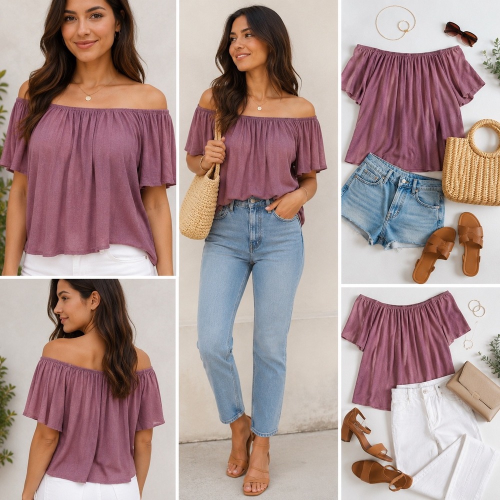 BP Off The Shoulder Top Womens Small Mauve Flutter Sleeve Rayon Blend Boho
